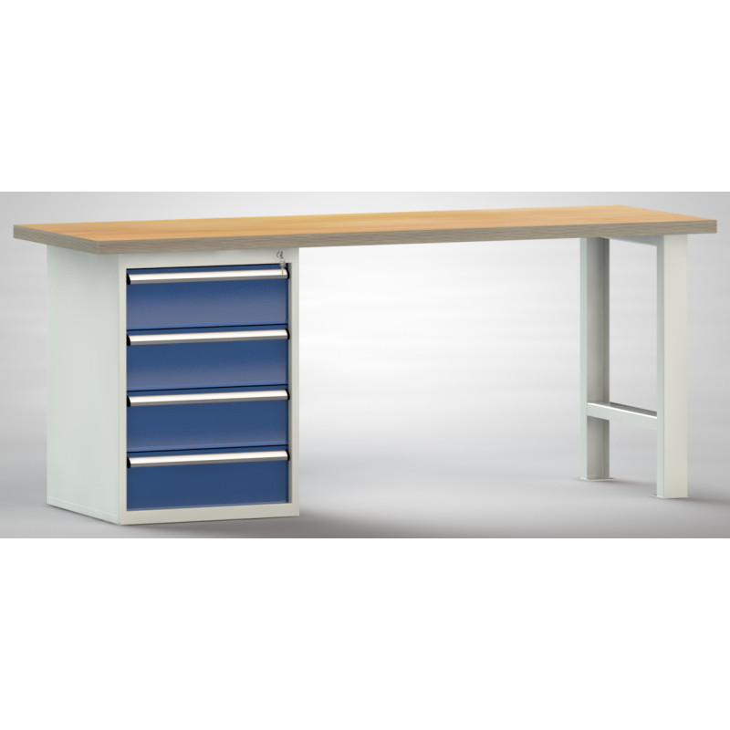 P_175927_7035-5010_1 2 Meter Werkbank mit vier Schubladen und einer starken Buchen-Multiplex Arbeitsplatte.