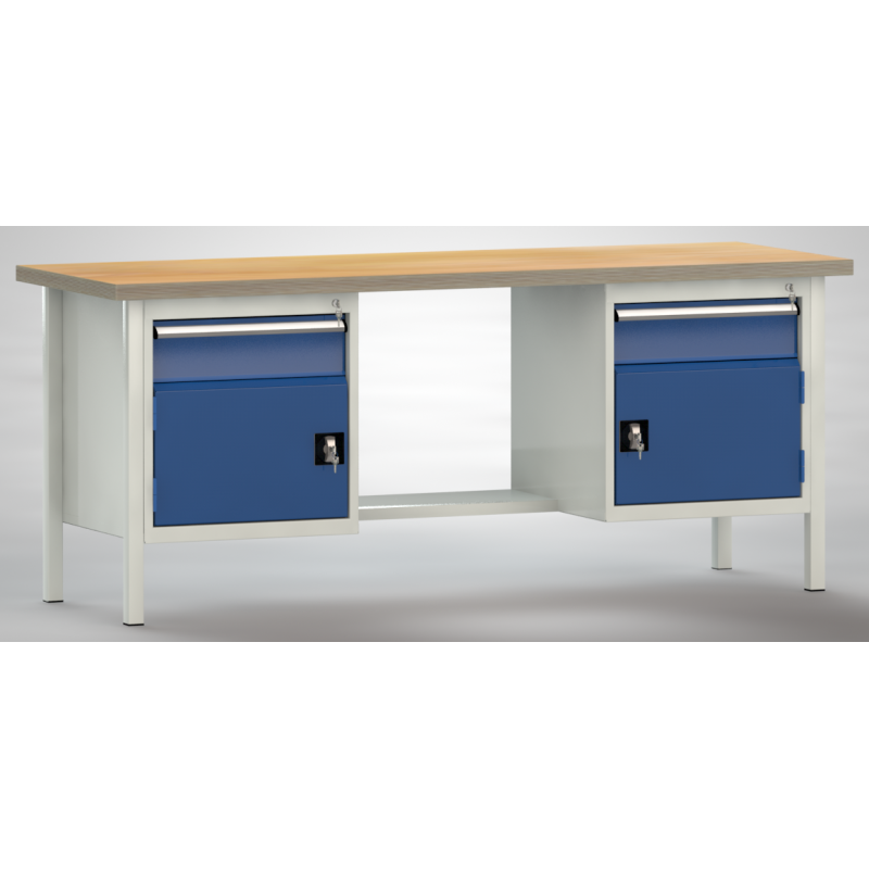 P_158274_7035-5010_1 Zwei Meter lange Werkbank mit Schubladen und Stahlblechablage.