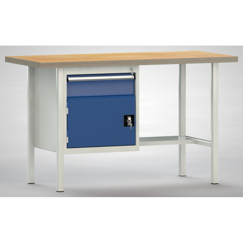 P_178635_7035-5010_1 Metall Werkbank mit einer Schublade und einem Fach.