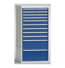 P_205260_7035-5010_1 Metall Schubladenschrank mit elf Schubladen für die Werkstatt.