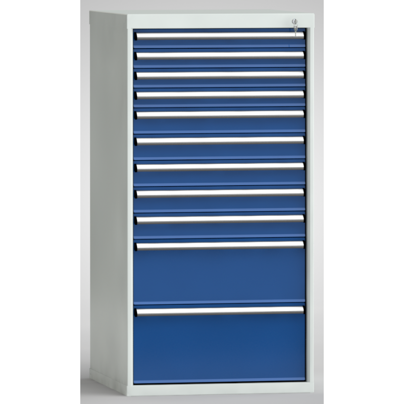 P_205260_7035-5010_1 Metall Schubladenschrank mit elf Schubladen für die Werkstatt.