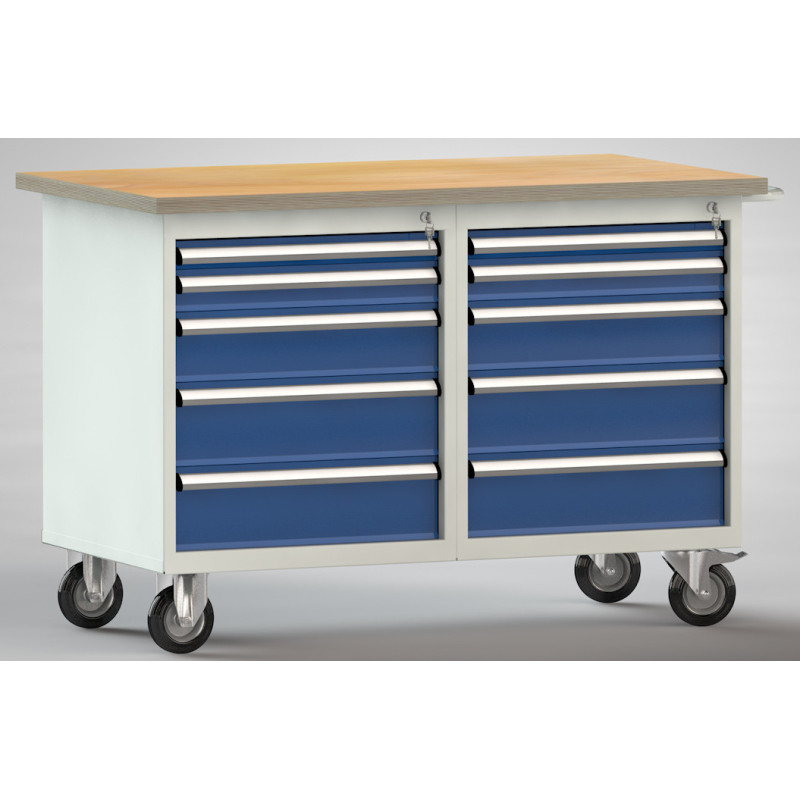 P_288875_1 Eine fahrbare Werkbank mit zehn Schubladen.