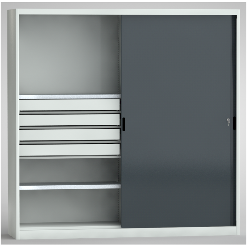 Schiebetürenschrank mit vier Schubladen und einer Trennwand