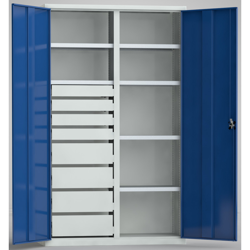 Universalschrank mit Schubladen und Fächern.