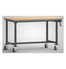 Fahrbarer höhenverstellbarer Arbeitstisch mit einer abklappbaren Handkurbel, geeignet für die Werkstatt.
