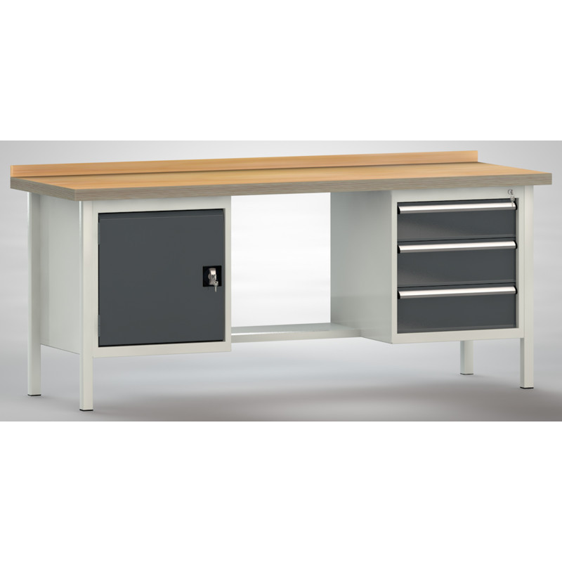 P_169926_1 Werkbank mit Schubladen und Stahlblechablage.