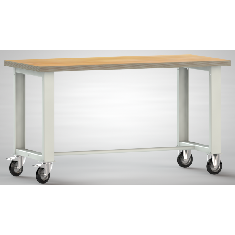 Werkbank mit zwei Rollen und zwei Bockrollen und einer 40 mm starken Arbeitsplatte.