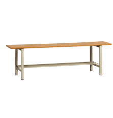 Sitzbank aus verschweißten Vierkantrohren und Kunststoff Stopfen.