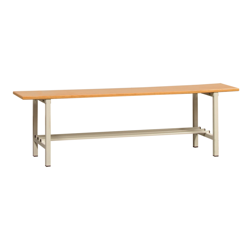 Zwei Meter lange Sitzbank aus verschweißten Vierkantrohren und Kunststoff Stopfen.