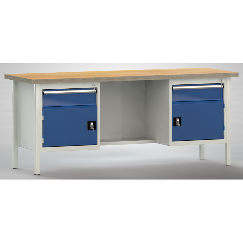 Werkbank mit einer Buchen-Multiplex Arbeitsplatte und zwei Schubladen